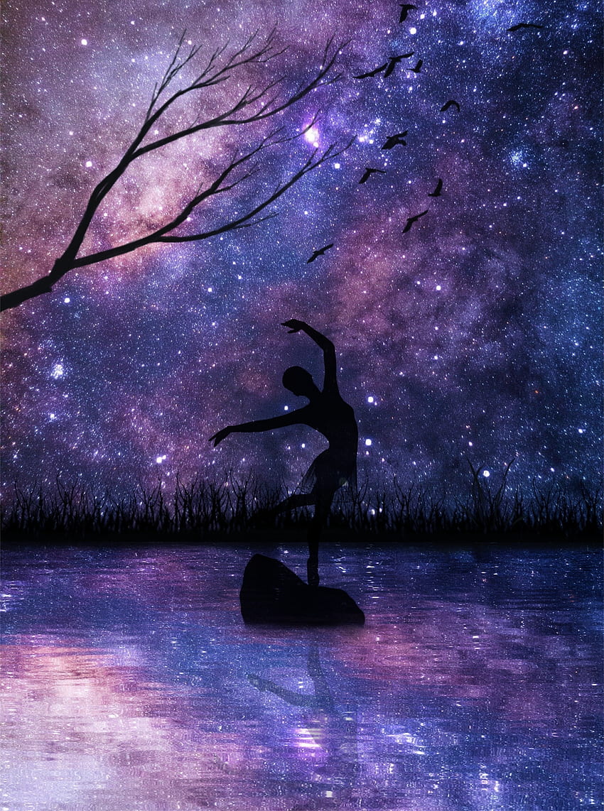 Starry night, girl dance, silhouette, art HD phone wallpaper