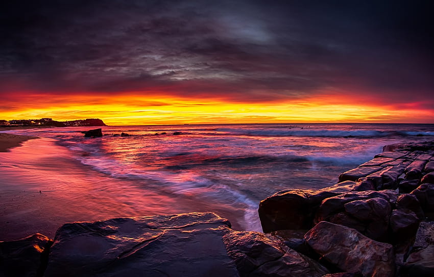 alba, pietre, riva, Australia, Newcastle, Nuovo Galles del Sud per , sezione пейзажи Sfondo HD