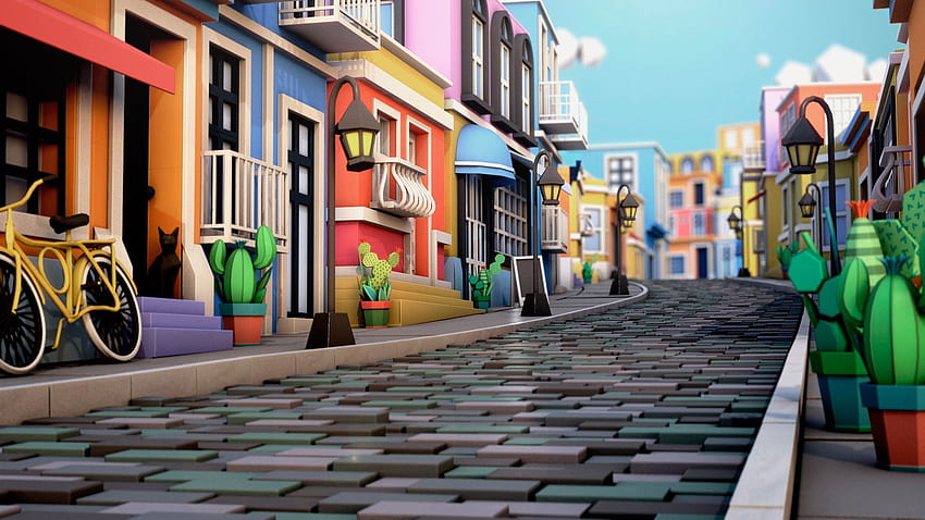 ilustracja, Cinema 4D, Town square, House, Cactus / i Mobile & , 4D Tapeta HD