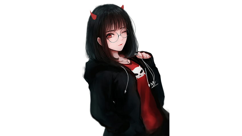 Rote Augen, Brille, Kurzes Haar, Mädchen, Original (Anime), Schwarzes Haar, Anime HD-Hintergrundbild