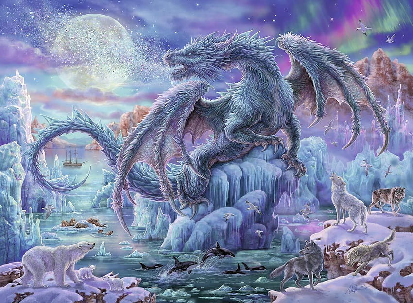 Dragon, fantasy, moon, iarna, wolf, ice, night, blue, winter, polar bear HD wallpaper