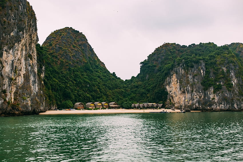Lago, chozas, playa, Vietnam fondo de pantalla