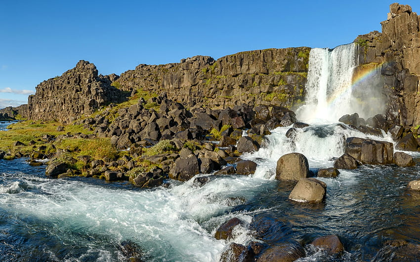 Cascata Oxararfoss, Islanda, Islanda, cascata, natura, arcobaleno Sfondo HD