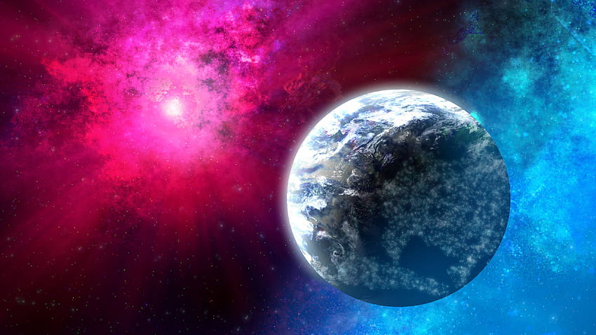 宇宙のピンクの背景に地球の惑星、ピンクの太陽系 高画質の壁紙
