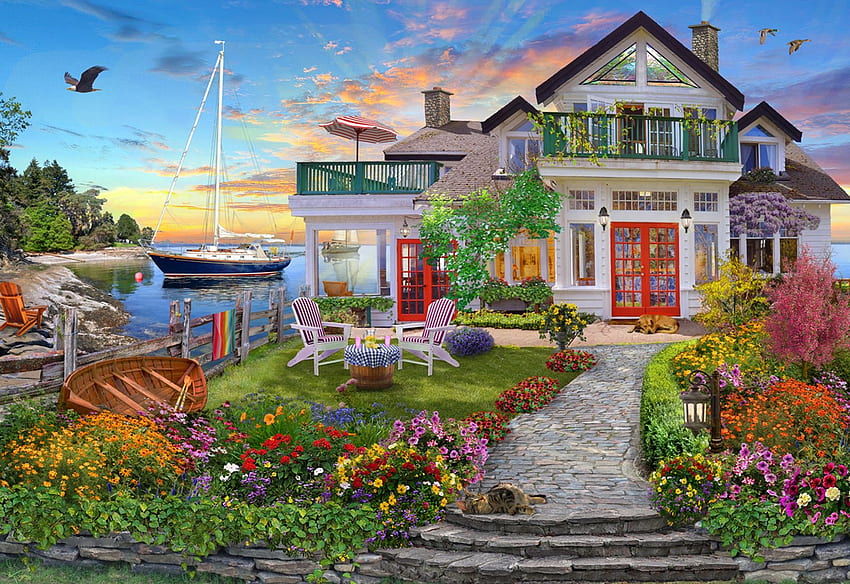 Coastal Escape, obra de arte, mar, barco, pássaros, jardim, casa de campo, céu, flores, digital papel de parede HD