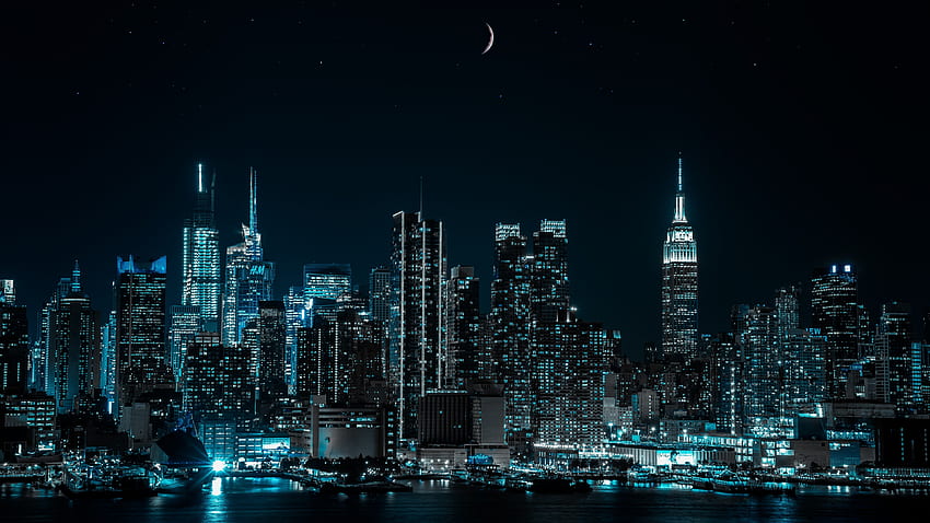 New York City , Cityscape, Night, City lights, Half moon, , World, Ultrawide HD wallpaper