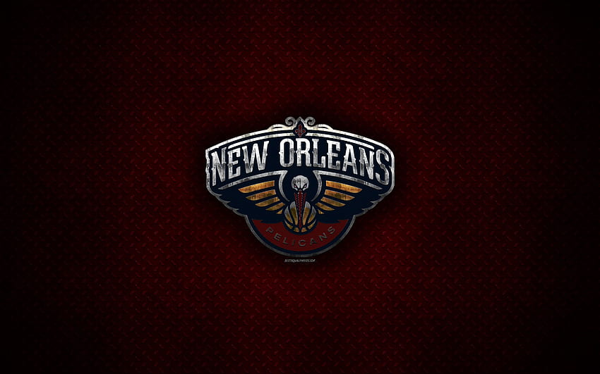 New Orleans Pelicans, American Basketball Club, metalowe logo, sztuka kreatywna, NBA, godło, czerwone metalowe tło, Nowy Orlean, Luizjana, USA, koszykówka, National Basketball Association, Konferencja Zachodnia dla z rozdzielczością Tapeta HD