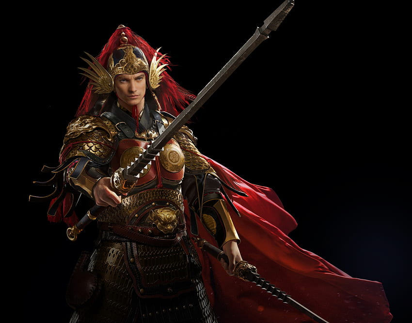 Warrior, bobo, fantasy, sword, red, man, armor, bo bo, black HD wallpaper