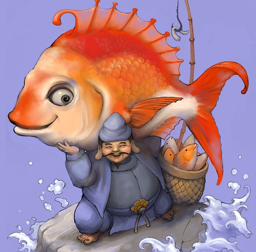 I Caught A BIG ONE!, onde, astratto, fantasia, pescatore, pesce Sfondo HD