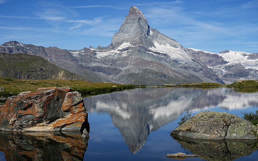 The Matterhorn, Swiss Alps, clouds, sky, peak, water, rocks, lake, reflections HD wallpaper