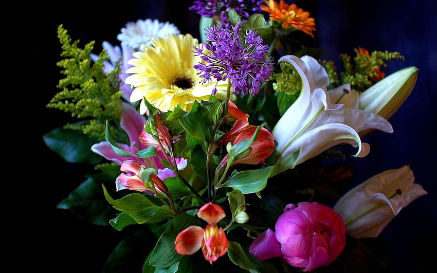 Цветен букет, цветен, букет, природа, цветя, лилии, гербери HD тапет