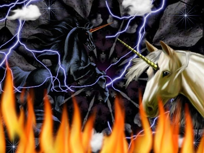 Dark Rider By D J Shark, unicornios, relámpagos, blanco, llamas, nubes, estrellas, negro fuego fondo de pantalla