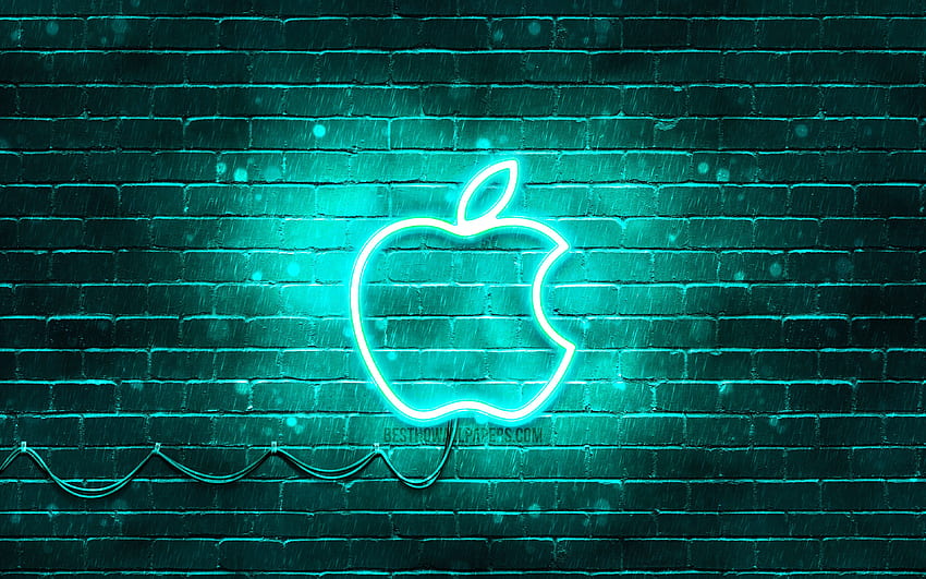 Apple 청록색 로고, 청록색 brickwall, Apple 로고, 청록색 네온 사과, 브랜드, Apple 네온 로고, 해상도가 있는 Apple. 고품질 HD 월페이퍼