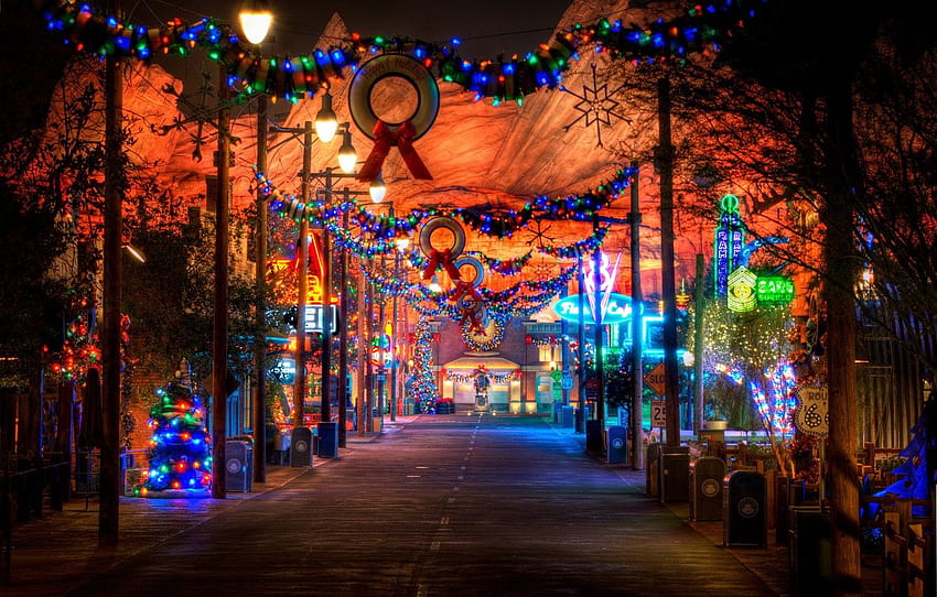 jalan, malam, Natal, CA, Taman, AS, AS, Disneyland, karangan bunga, Taman, Disneyland untuk , bagian город, Jalan Taman Wallpaper HD
