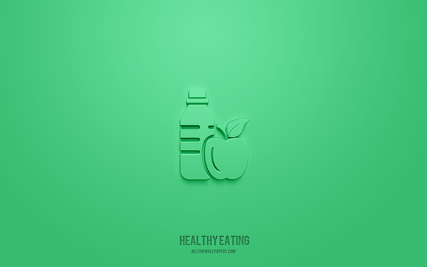 건강한 식습관 3d 아이콘, 녹색 배경, 3d 기호, 건강한 식습관, 음식 아이콘, 3d 아이콘, 건강한 식습관 표시, 음식 3d 아이콘 HD 월페이퍼