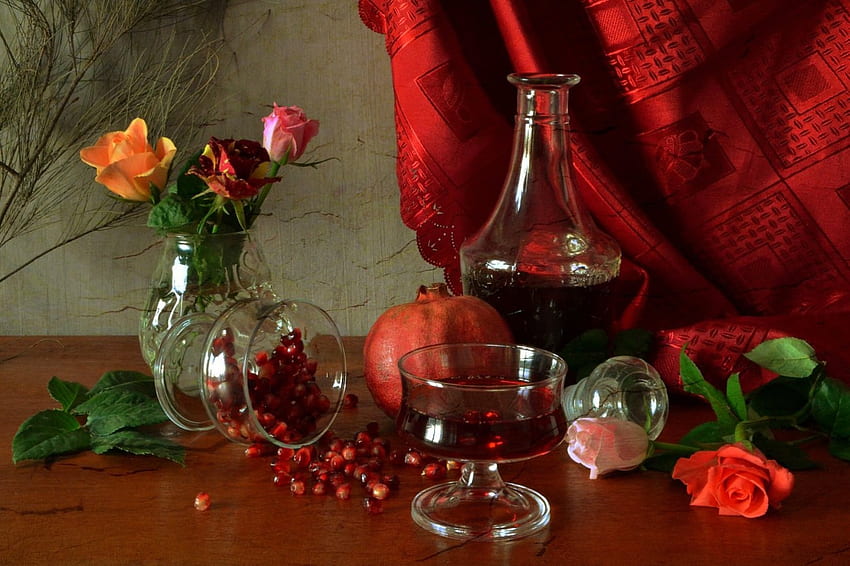 Garnet juice, bouquet, juice, nice, petals, glass, art, garnet, berries, vase, beautiful, fruits, arrangement, curtain, bottle, still life, leaves, pretty, flowers, lovely, harmony HD wallpaper