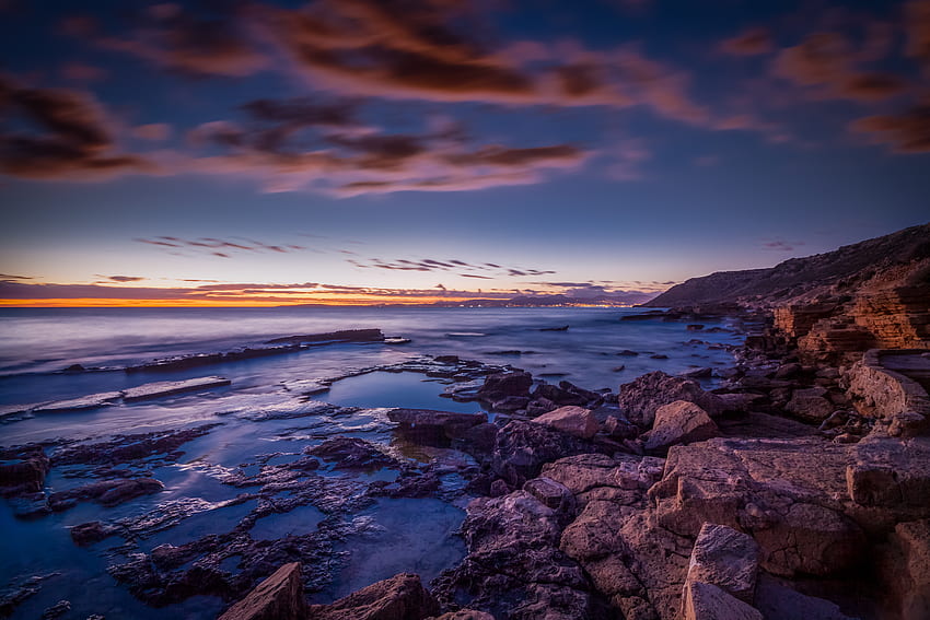 Natur, Sonnenuntergang, Steine, Meer, Ufer, Bank, Spanien HD-Hintergrundbild