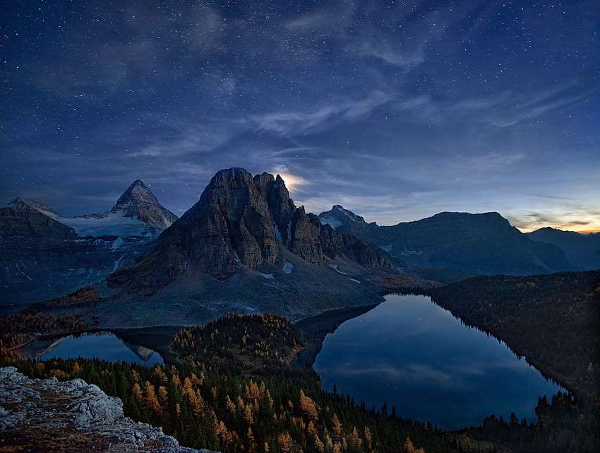 Summit, mountains peak, lake, night, nature HD wallpaper