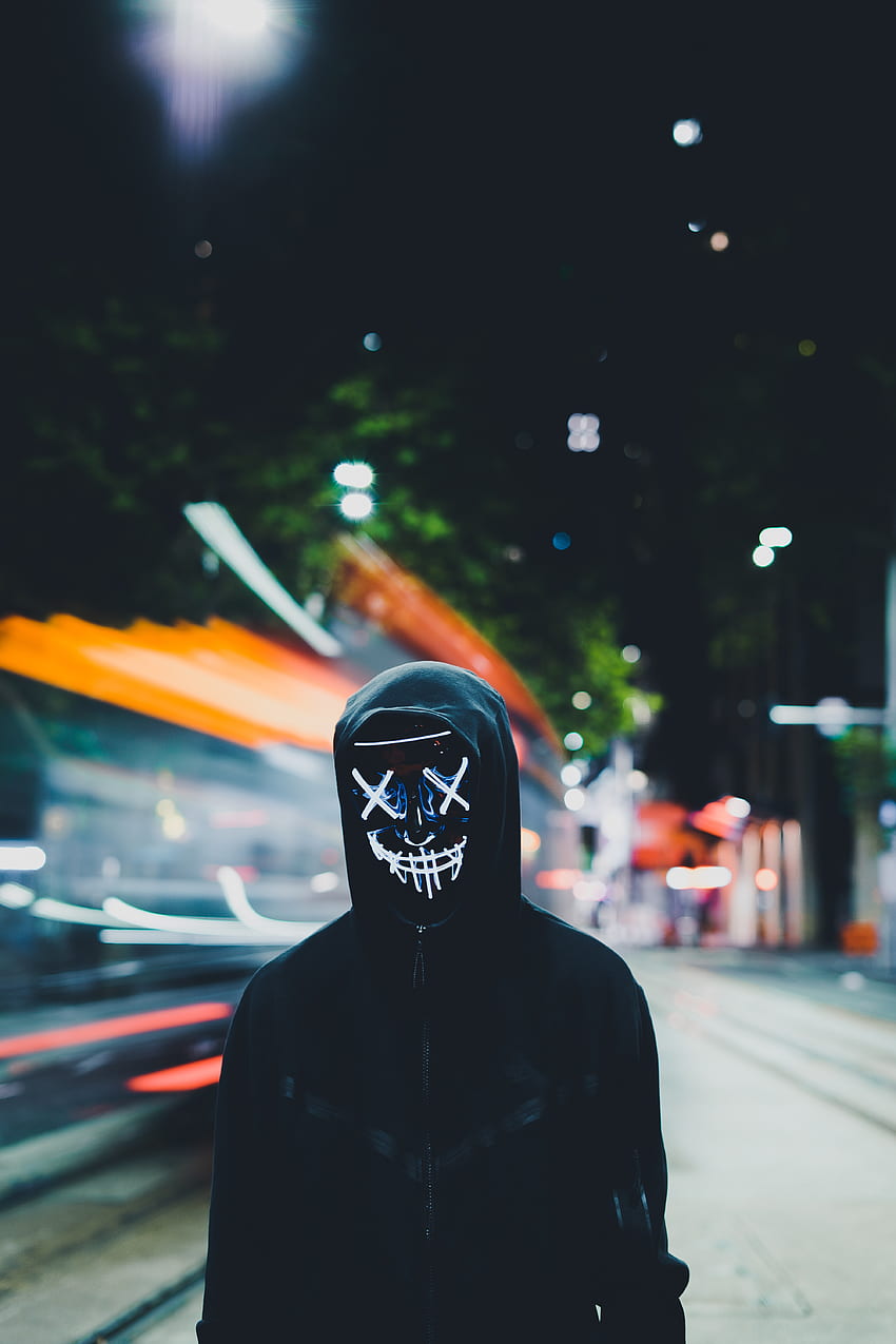 Osoby w masce, maska ​​neonowa, czarna bluza z kapturem, anonimowy, grafika, neonowy haker Tapeta na telefon HD