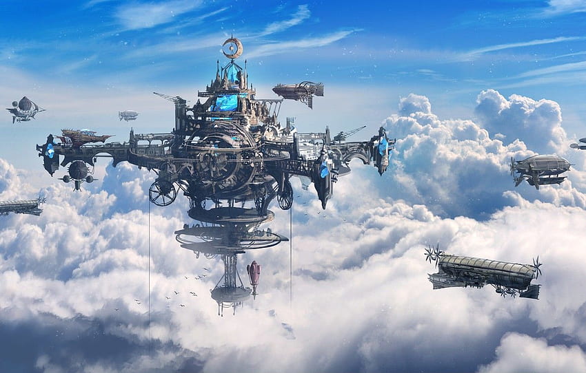 The sky, Clouds, Figure, Station, The airship, Fantasy, Art, Fiction, Concept Art, Steampunk, Steampunk, Ship, Airships, Thomas Chamberlain - Keen, Card Chronicles, Airships for , section фантастика, Airship Painting HD wallpaper