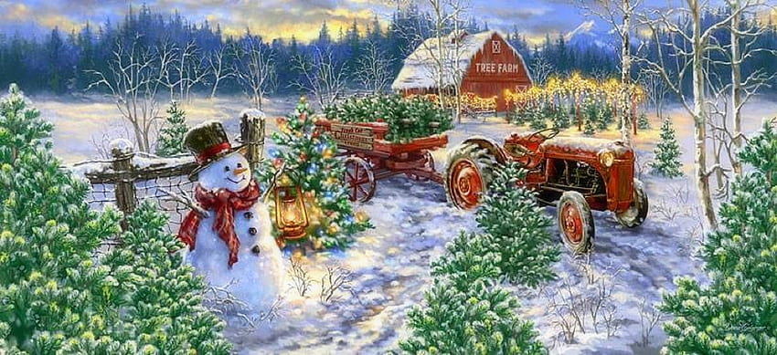 THE TREE FARM, holidays, winter, paintings, Christmas Trees, love four seasons, snowman, Christmas, snow, lights, farms, xmas and new year, lantern HD wallpaper