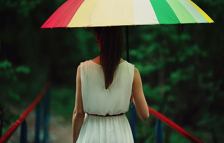 girl, bridge, umbrella, background, rain, , mood, blur, umbrella, brunette, the fence, , girl, weather, rain, umbrella for , section настроения HD wallpaper