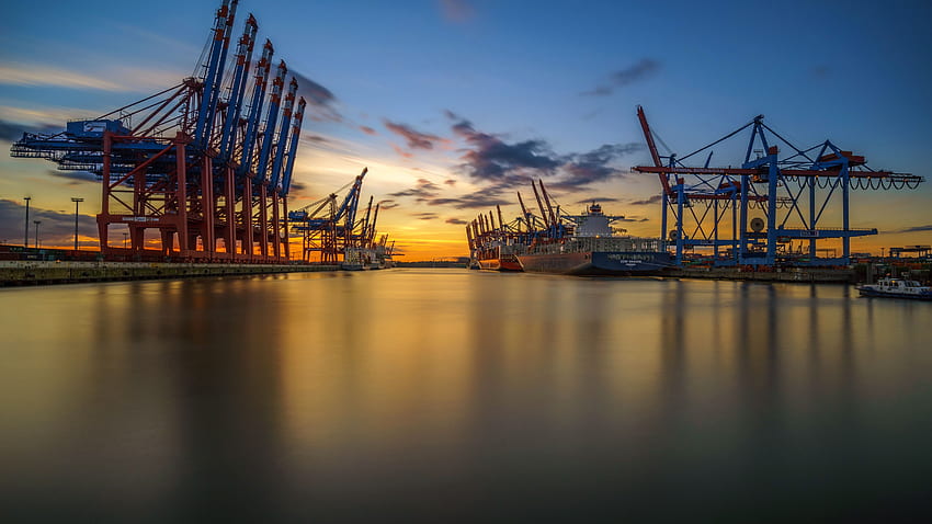 Hamburg, Deutschland, Hafen, Meer, Sonnenuntergang U HD-Hintergrundbild