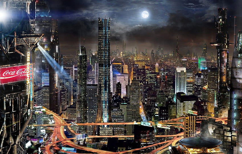 Nuvens, Noite, A Cidade, Futuro, Ficção, Construção, A Lua, Publicidade, Futuro, Cidade, Fantasia, Coca Cola, Arranha-céus, Megapolis, Ficção Científica, Edifícios Para , Seção фантастика papel de parede HD