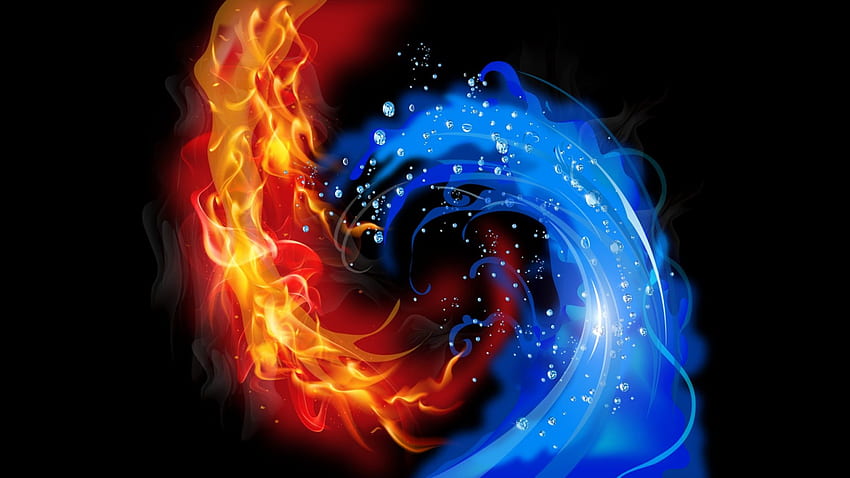 Fire and Water, abstract, swirls, black background, graphics, vector, water, fire HD wallpaper