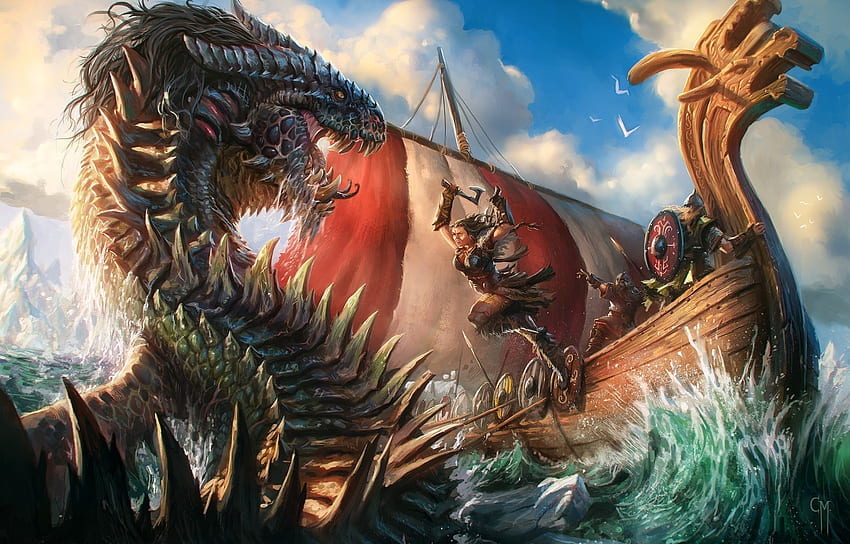 viking and dragon, sea, ship, war, warrior HD wallpaper