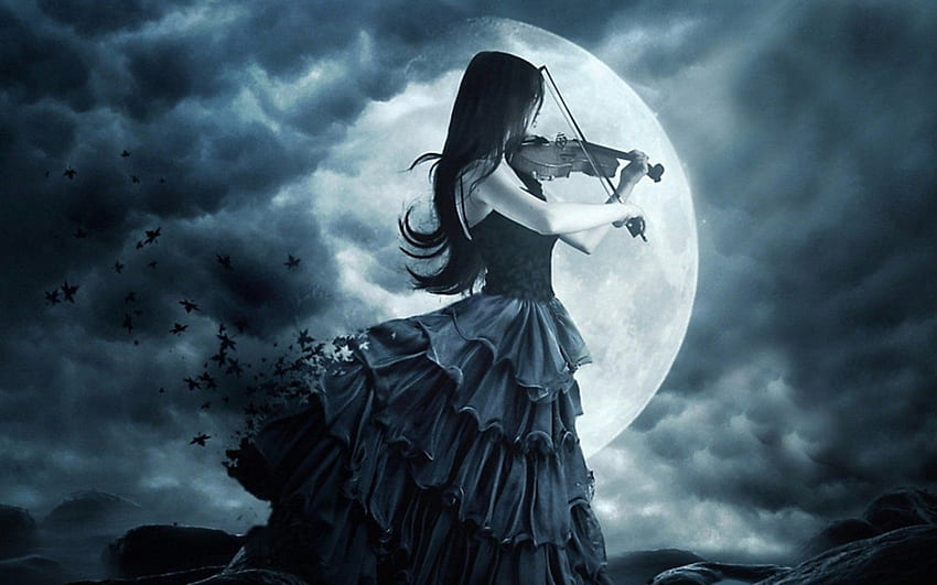 Gothic, Mädchen, Violine, Mond / und mobiler Hintergrund HD-Hintergrundbild