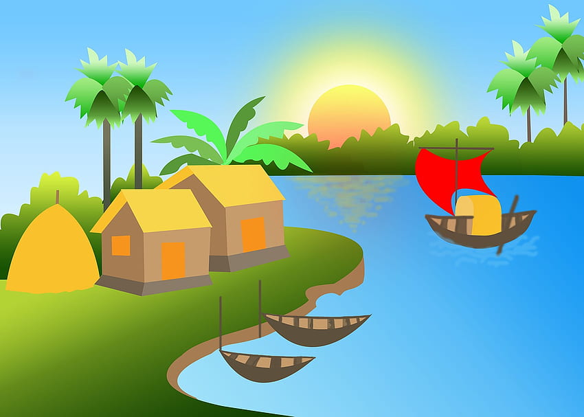 Village River , Cartoon Village HD wallpaper