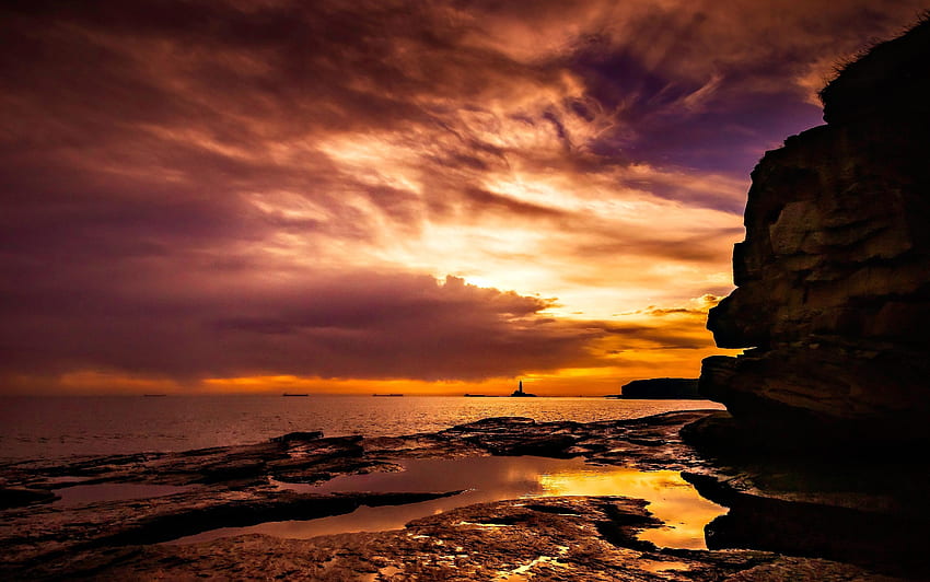 Bay, rocky coast, sunset, seascape HD wallpaper