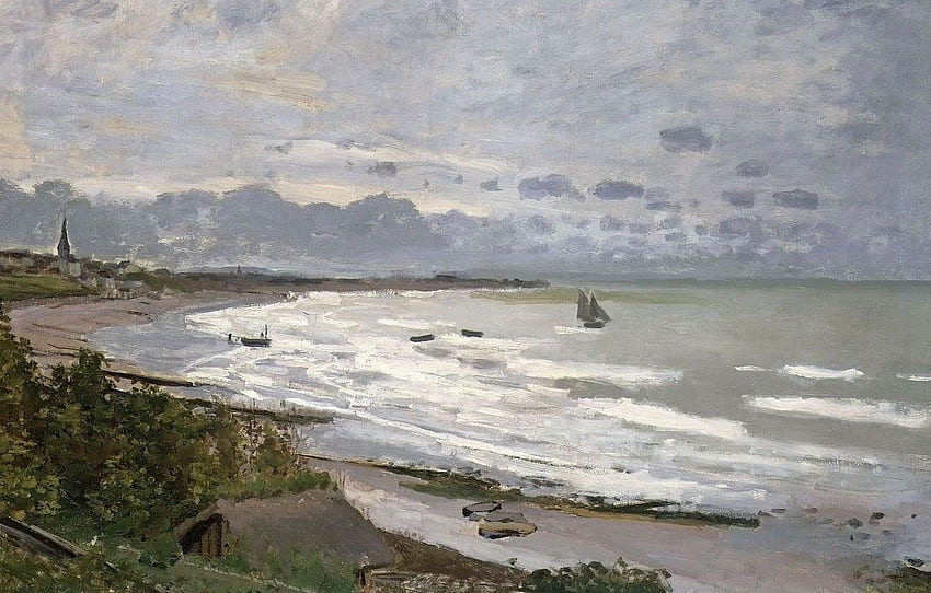 Meer, Landschaft, Ufer, , Boote, Claude Monet, Der Strand von Sainte Adresse For , Abschnitt живопись HD-Hintergrundbild