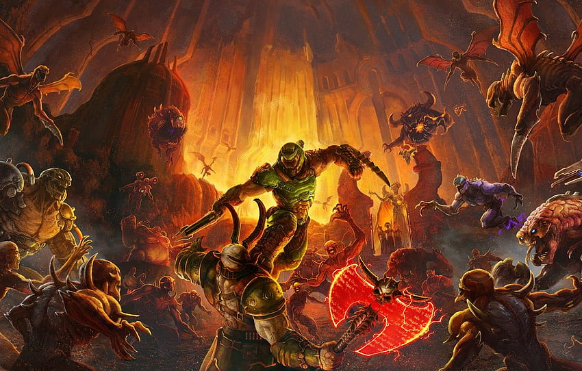 Monsters, Hell, Demons, Game, Bethesda, Shooter, Monsters, Demons, Id Software, DoomGuy, Hell, The First Person Shooter, Hangman Rock, Doom Eternal For , Section игры, Doom Marine HD wallpaper