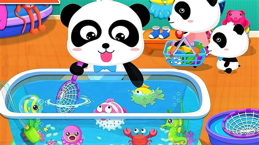 물고기와 노는 아기 팬더. 슈퍼마켓에서 쇼핑을 하세요. 애니메이션 및 동요, Babybus HD 월페이퍼