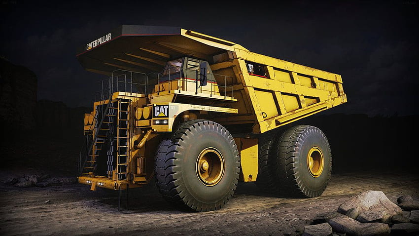 Mining Global auf Bergbaumaschinen. Lastkraftwagen, Muldenkipper, Caterpillar-Ausrüstung, Baulastwagen HD-Hintergrundbild