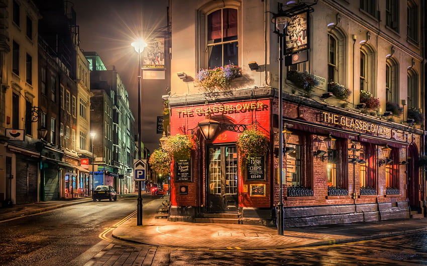 London, Nacht, alte Straße, Café, Europa, England, Vereinigtes Königreich für mit Auflösung. Gute Qualität HD-Hintergrundbild