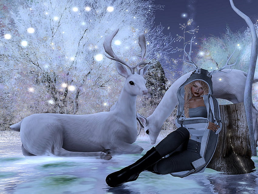 Winter Magic, art, deer, lights, snow, girl HD wallpaper