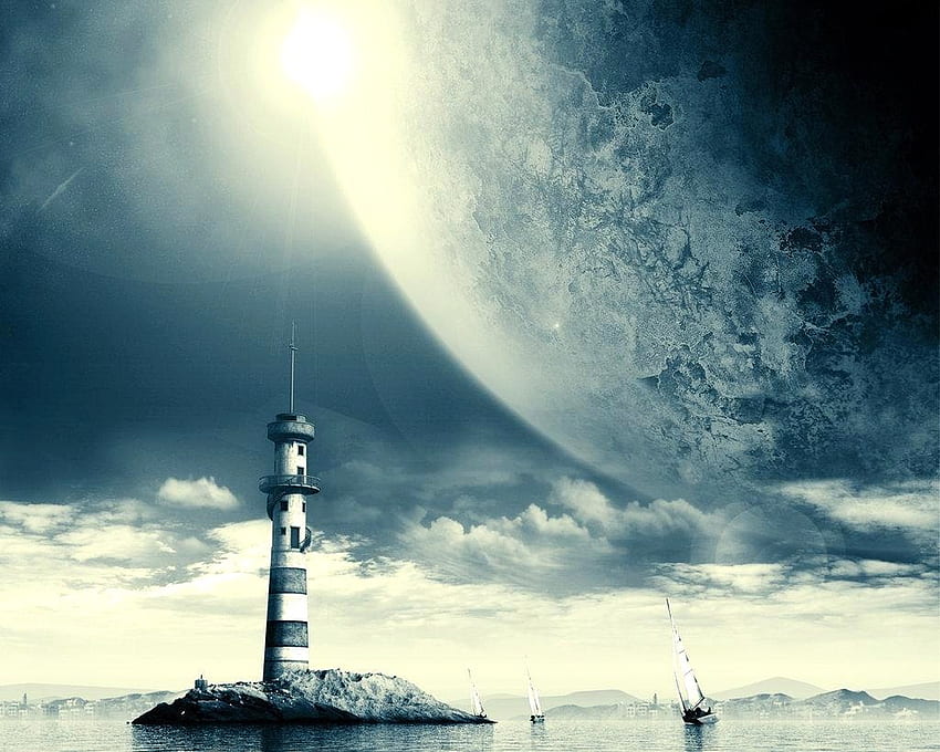 Фар, пълнолуние, лодка, абстрактно, луна, фантазия, облаци, платноходка HD тапет
