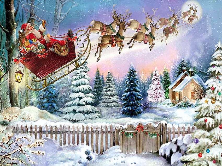 On Dasher! On Dancer!, snow, santa, winter, sleigh, painting, reindeer, christmas HD wallpaper