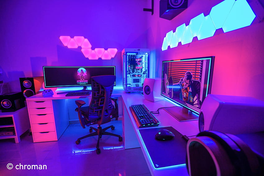 Gaming-Setup in Pink und Blau, Gaming-PC in Pink HD-Hintergrundbild