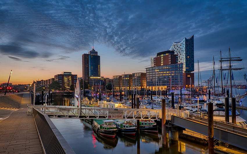 Hamburg, Elbe river, yachts, boats, Elbphilharmonie, evening, sunset, Hamburg cityscape, Germany HD wallpaper
