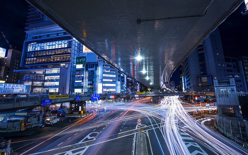 graphie bâtiment urbain nuit lumières rue japon tokyo route longue, Japon Tokyo la nuit Fond d'écran HD