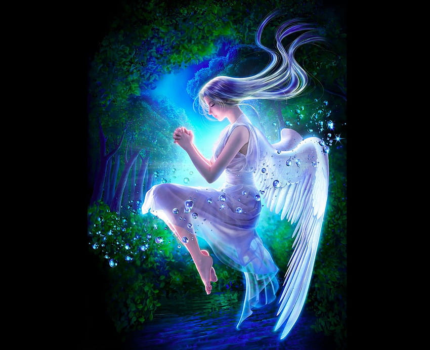 Beautiful angel, blue, wishes, colors, angel, wonderful, beauty, magical, amazing, wings, magic, girl, wood, fantasy, pretty, view, nature, lovely, forest, splendor HD wallpaper