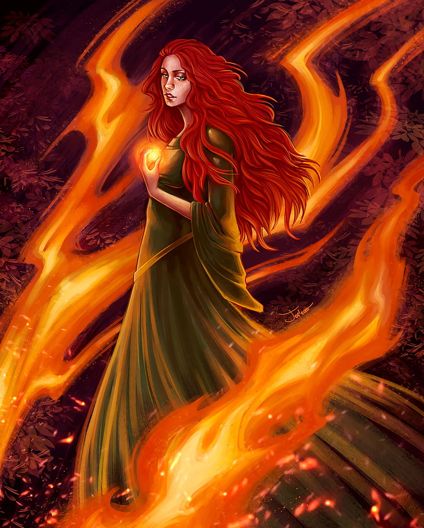 Kunst, Feuer, Flamme, Mädchen, Rothaarige, Kleid HD-Handy-Hintergrundbild