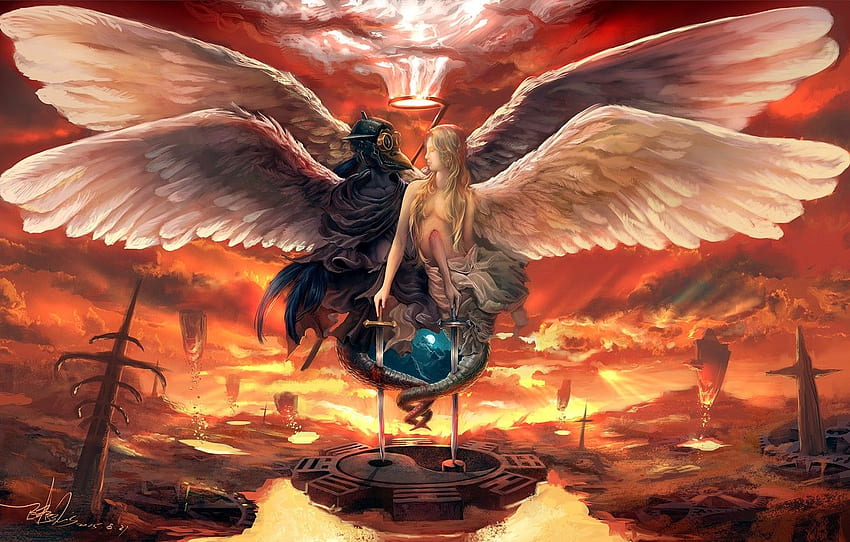 Fire, Angel, Sword, Wings, Paradise, The demon, Fantasy, Swords, Art, Welcome, Fiction, Yin and Yang, Evil, Concept Art, The devil, Surreal for , section фантастика HD wallpaper