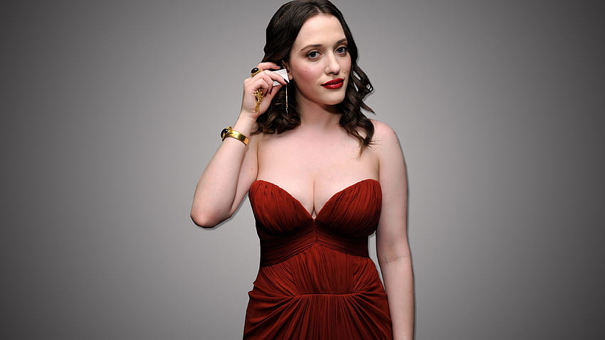 Women's red strapless sweetheart dress, Kat Dennings HD wallpaper