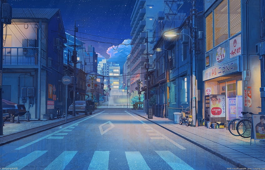 Scenery, Night, Stars, Buildings, Road, Anime Street - Resolution:, Anime  Street Night HD wallpaper | Pxfuel