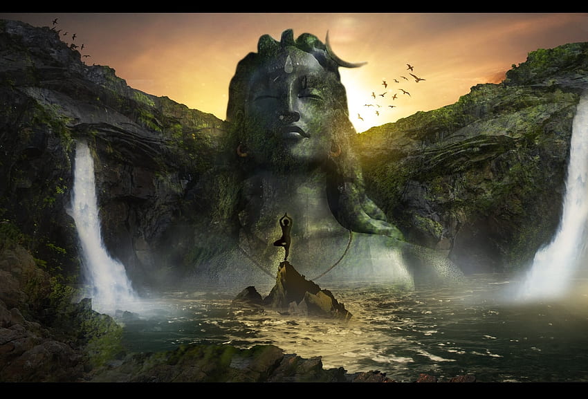 Shiva, fantasy, art, aditya das, waterfall, water HD wallpaper